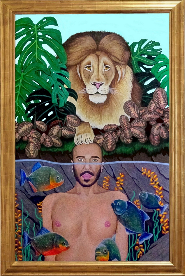 Self-portrait with a lion and piranhas
